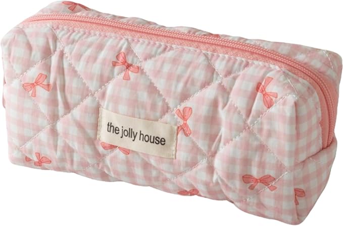 Carry bloom Pencil Pouch Cute Pencil Case for Girls Aesthetic Pencil Bag with Zipper Pen Cases School Supplies Makeup Bag (Checkered bow pink)