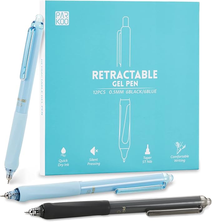 ParKoo Gel Pens Quick Dry Ink Fine Point 0.5mm, Retractable Rolling Ball 6 Black/6 Blue Ink Pen, Click Silent Pens Set for Journaling Notetaking Drawing Sketching Smooth Writing Non Bleed 12pcs | Click Silent, Comfort Grip, Fine Point Smooth Writing Pe...