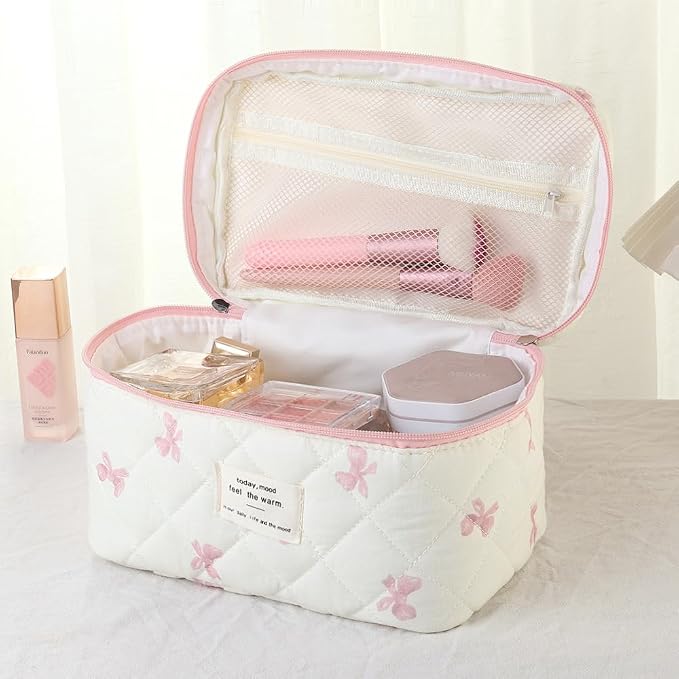 uekeboag Large Travel Quilted Makeup Bag for Women | Soft Floral Cotton Cosmetic Bag, Foldable Coquette Aesthetic Toiletry Organizer