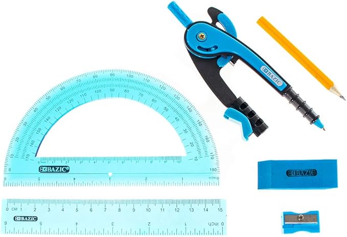 West Coast Paracord 5 Piece School Kit with Zipper Pouch – Colored Compass, Protractor, Ruler, Eraser, Sharpener – Geometry and Math Tool Set (Blue)