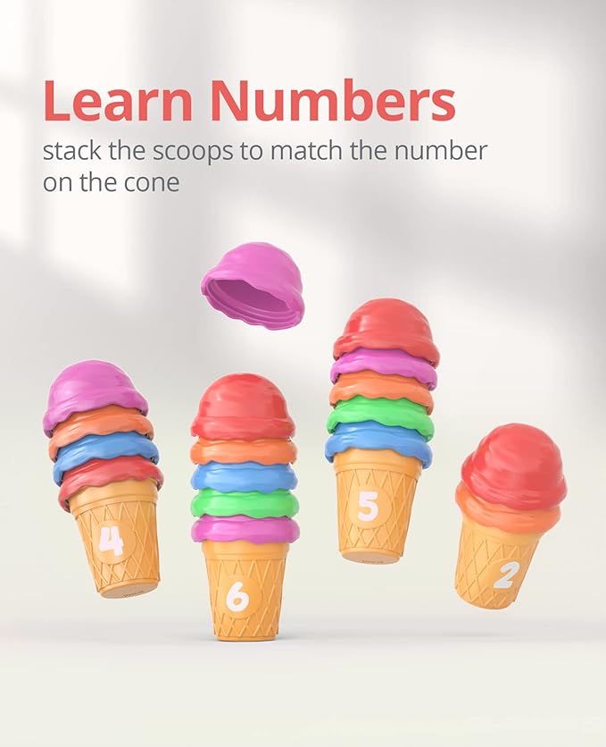 JoyCat Ice Cream Preschool Learning Activities Counting and Color Sorting Set Stacking Toys for Kids 3-5, Educational Fine Motor Skills Toys, 65PCS Math Manipulatives