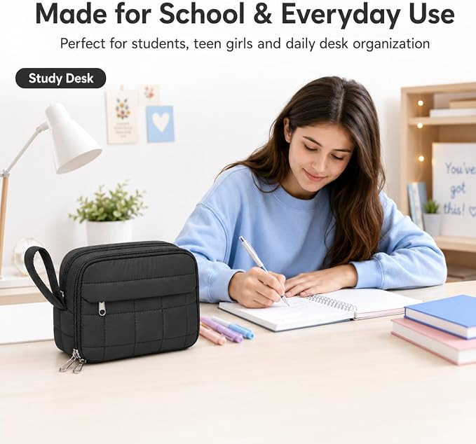 Puffer Quilted Pencil Pouch for Women, Large Capacity Organizer Bag with Multiple Compartments, Cute Aesthetic Pencil Case for Office, Travel & Daily Essentials (black)