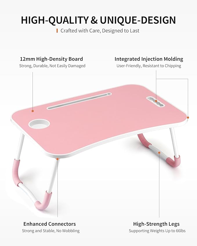 FISYOD Foldable Laptop Table, Portable Lap Desk Bed Table Tray, Laptop Stand with Cup Holder & Tablet Slot & Lifting Handle for Working Writing Drawing & Eating (Light Pink)