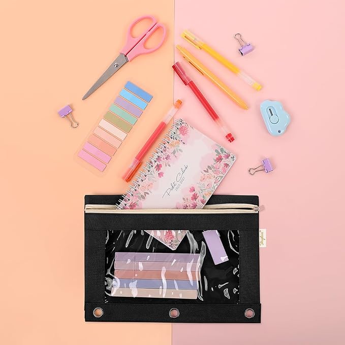 SKYDUE Pencil Pouch for 3 Ring Binder, 9.8" x 7.3" Clear Window Pencil Bag | Zipper Pencil Pouches for Girls Boys, Black Pencil Pouch with 3 Reinforced Grommets, Durable Organizer for School Supplies