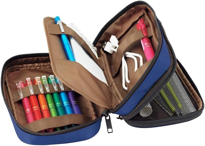 LIHIT LAB Large Capacity Double Zipper Pencil Case For School Office College, Big Capacity 6 Compartments Pencil Bag Holder Adults Teen Boys Girls, Travel Cosmetics Storage, Indigo (A7555-11)