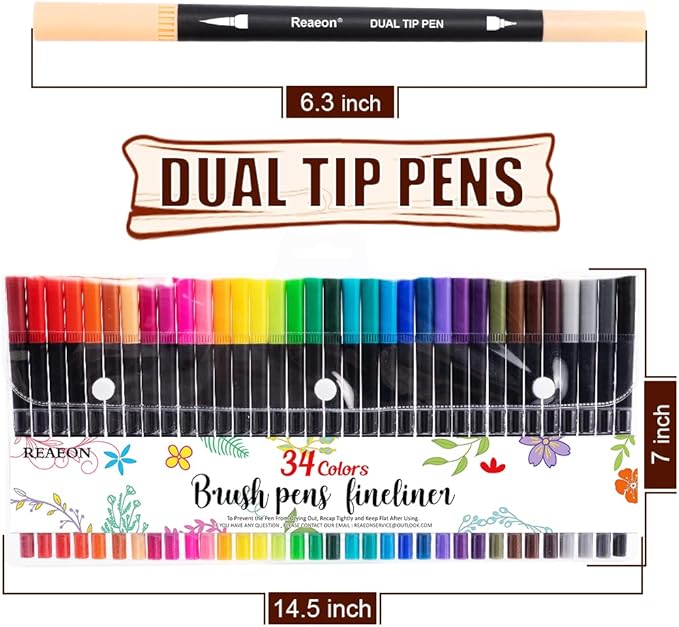 Reaeon Coloring Markers Pen, Dual Brush Tip Marker for Adult Coloring, 34 Color Calligraphy Brush Fine Tip Pen for Beginner Journal Planner, Drawing, Doodle
