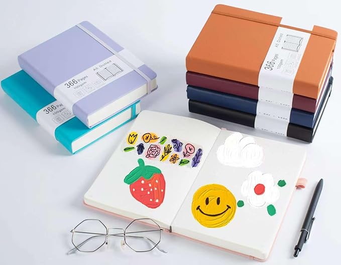 Thick Bullet Notebook with 366 Numbered Pages, A5 Dotted Notebook for Writing with 100GSM Dot Grid Paper, Hardcover Leather Notebooks for Women Men School Note Taking Office Work Diary, 5.7"x8.3",Wood