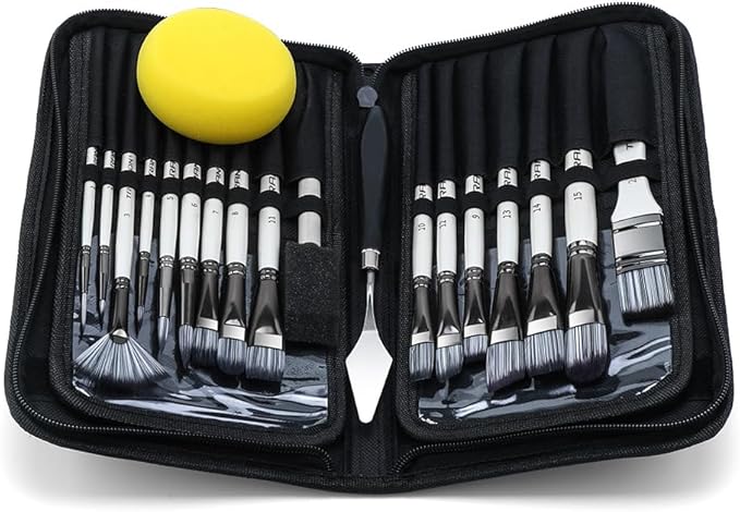 Transon 20Pcs Art Paint Brush Kit with Storage Case, 16 Brushes + Foam Brush Spatula Sponge for Acrylic Oil Watercolor Gouache, Adults Teens Beginners Art Supplies
