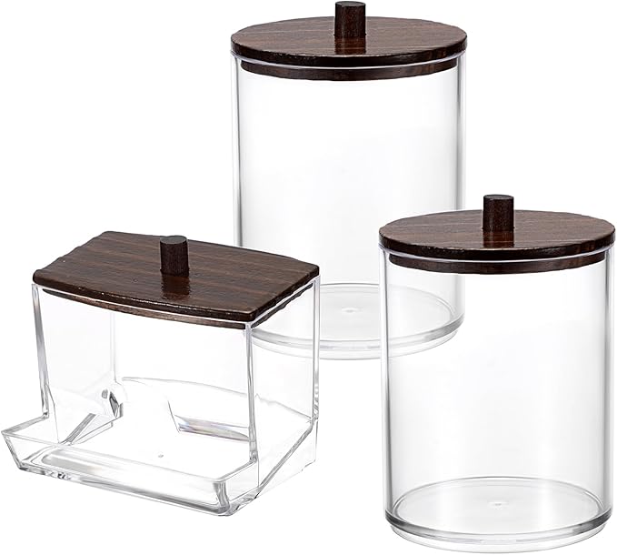 BTSKY Set of 3 PaperClip Holders with Bamboo Lid, Round Binder Holder for Desk, Clear Paper Clip Dispenser Small Office Supply Accessory Organizer Qtip Holder for Office Bathroom Vanity, Black