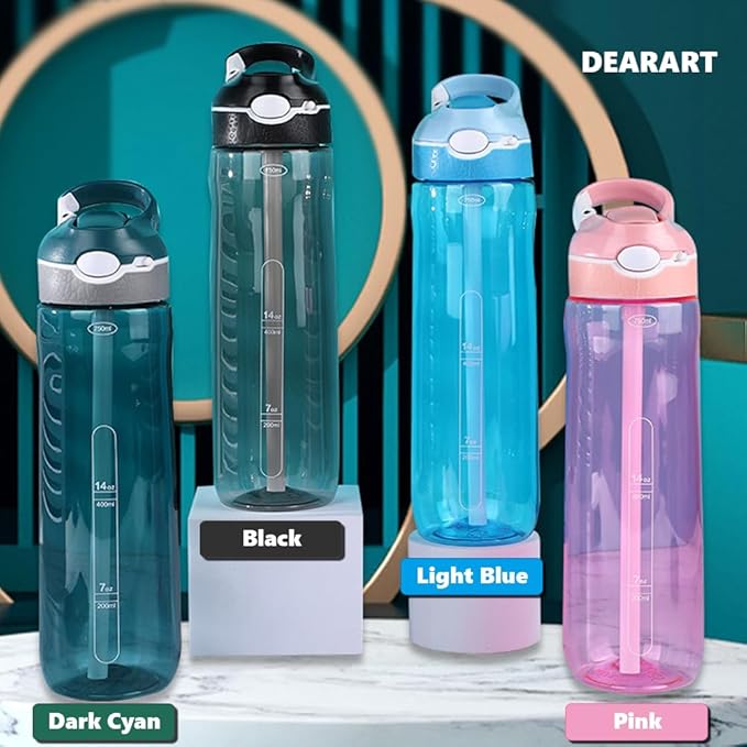 DEARART 2-Pack 24oz Dark Cyan & Black Water Bottles With Straw, Leakproof BPA FREE Hidden Nozzle, Flip Up Lid Has Handle Wide Bottle Easy Clear, Suit Office Outdoor Sports Travel Gym.