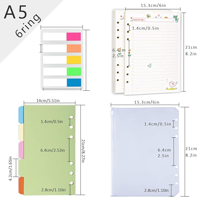 Rancco A5 Planner Inserts to Do List, 90 Pages Colorful 6-Ring Loose-leaf Planner Refills w/Binder Divider, Zipper Pouch, Ruler, Index Tab for Personal Journal, Filofax, Double-sided,Undated,5.5ร8.3"
