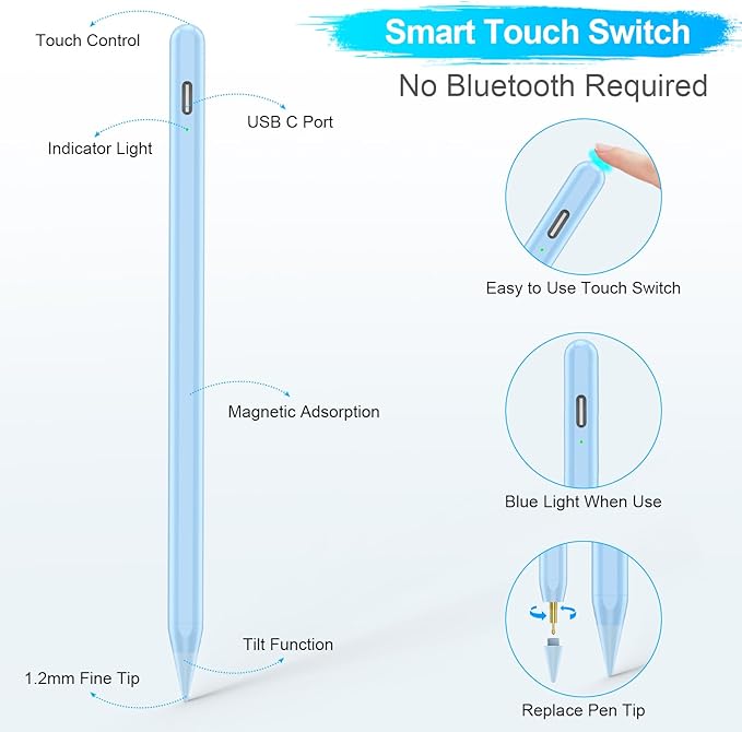 Stylus Pen for iPad A16/10th/9th Generation, 10Mins Fast Charge for Apple Pencil&iPad Pen, Compatible with iPad A16/10th/9th/8th/7th/6th/Pro 13''11''M4/12.9 inch/Air 11'' 13'' M3/M2/Mini 6/5