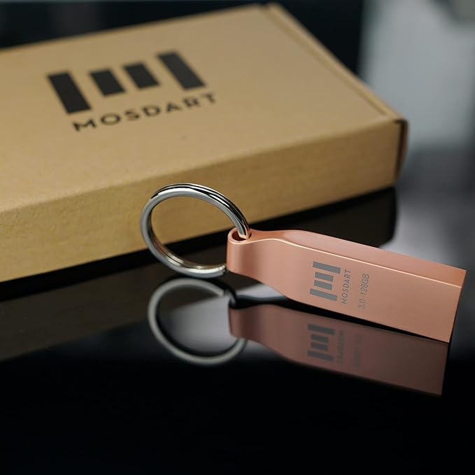 MOSDART 128GB Waterproof USB3.0 Flash Drive, Speed Up to 90MB/S, exFAT Metal Memory Stick with Keychain, for System Back, Data Storage, Rose Gold