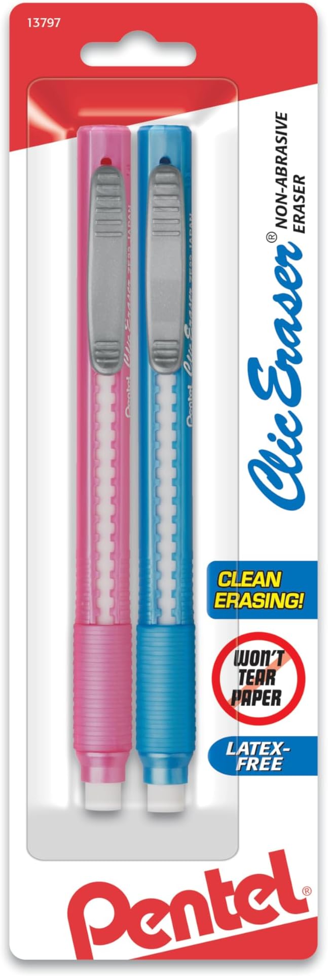 Pentel Clic Retractable Eraser with Grip, Assorted Barrels, 2 Pack (ZE21TBP2M)