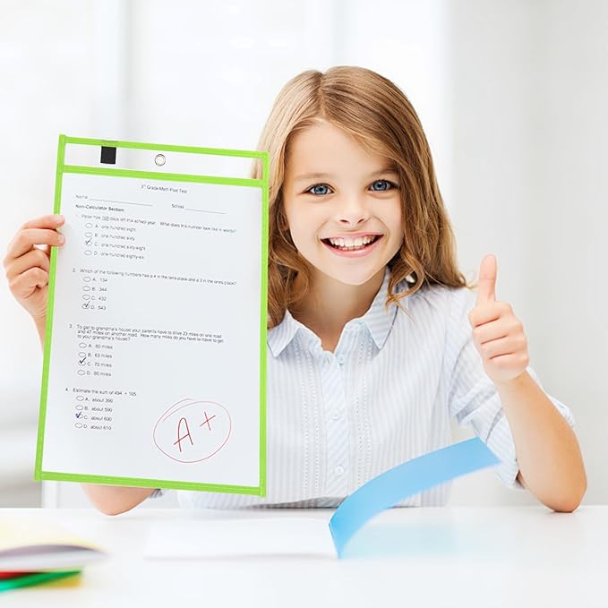 24 Pack Dry Erase Pocket Reusable Sleeves 10" x 14" Clear Plastic Sheet Protectors with Dry Erase Markers and Mini Sleeves Paper Teacher Supplies
