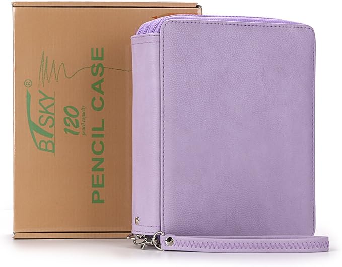 BTSKY Deluxe PU Leather Pencil Case For Colored Pencils - 120 Slot Pencil Holder with Handle Strap Handy Colored Pencil Box Large (Purple)