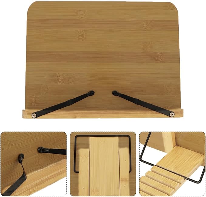Wood Book Stand for Reading Hands Free, 8 Adjustable Recipe Cookbook Holder with Page Holder Clips Ergonomic Stand for Cookbooks, Receipe Books, Textbooks, Tablets, Music Books, Documents.