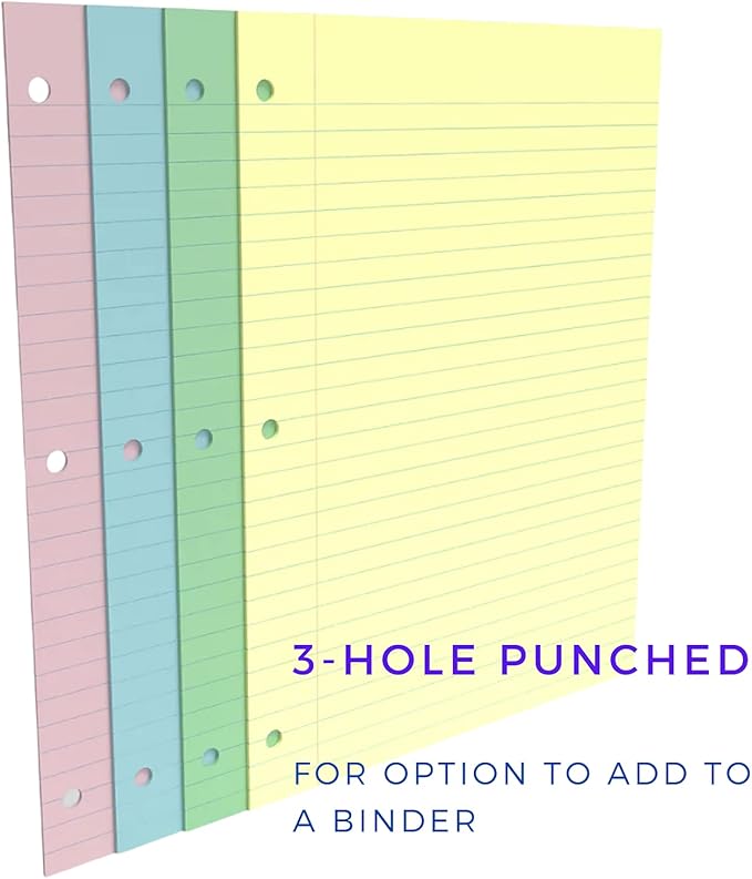 1InTheOffice Colored Notebook Paper, 8.5x11 Wide Ruled Lined Loose Leaf Paper, Pastel Colored, 100 Sheets