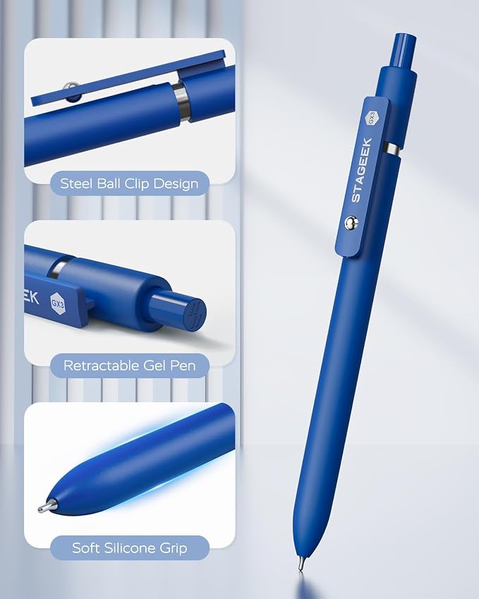 STAGEEK GX3 Blue Gel Pens, 6Pcs Quick Dry Smooth Writing Pen with 3 Refills | Blue Ink Pens, 0.7mm Fine Point, Retractable, Office, School Supplies, Journaling & Note Taking, for Nurses, Teachers