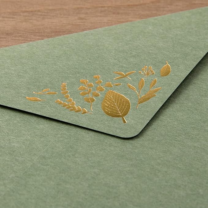 Midori 86507006 Letter Set Foil Stamped Envelopes, Leaf Pattern