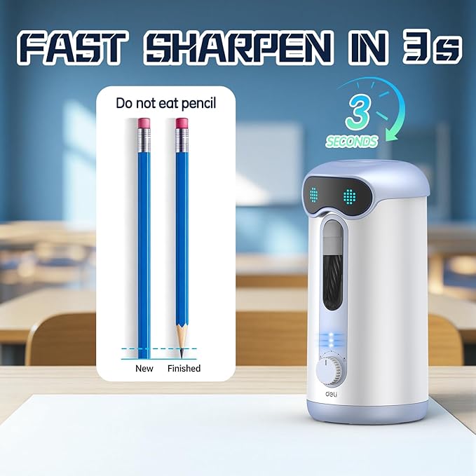 deli Electric Pencil Sharpener, Fully Automatic Pencil Sharpener for 7-11mm Colored/Jumbo Pencils, Auto in & Out, Rechargeable Hands-Free Pencil Sharpener for Classroom Home Office, Low Noise, Blue