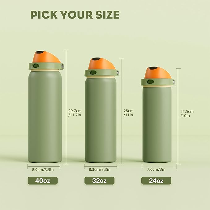 POWCAN 24 oz Metal Sports Water Bottle: 2-in-1 Push-Button Spout & Quick-Flip Straw, Leakproof, Cold 24 Hrs, Fits Car Cup Holder, Insulated Bottle for Hiking, Camping, School, Travel Gift (Olive Cool)