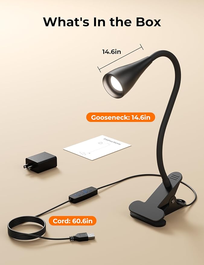 Clip on Light, Desk Lamp with Clamp and Adapter, LED Eye Caring Reading Light for Bed with 3 Colors & 10 Brightness Levels, Clamp Light with Flexible Gooseneck for Bedroom, Office, Dorm