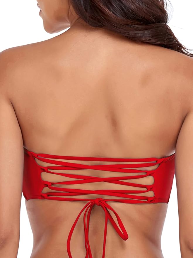 RELLECIGA Women Bandeau Swim Top Only Strapless Bikini Top Tie Back Swimsuit Tube Top