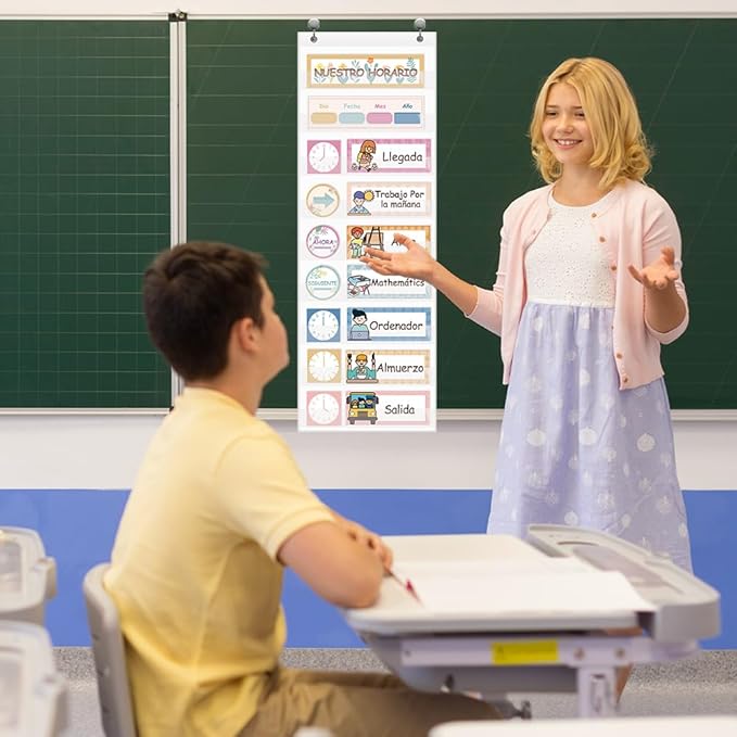Daily Schedule Pocket Chart, Visual Schedule with 42 Reusable Dry-Eraser Cards, Visual Schedule for Kids, Classroom Schedule, Suitable for Classroom, Office, Home, Pre-School Education, Spanish