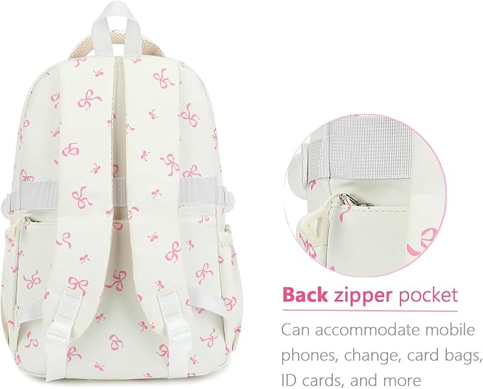 PRLINJSK Girls Backpack for College High Middle School Student, Cute Aesthetic Bookbag for Teens Women with Accessories, Beige Bow