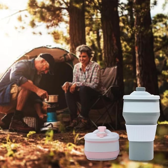 Collapsible Travel Coffee Cups Set of 2 - Silicone Foldable Mugs with Leakproof Lids, BPA Free, Microwave and Dishwasher Safe - 10oz (300ml) for Travel, Office, Camping