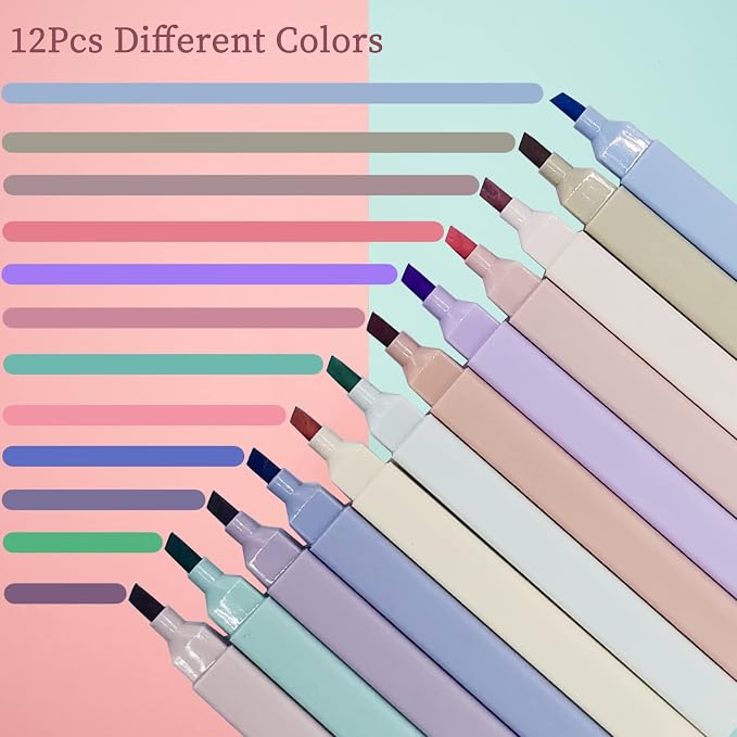 konket 12Pcs Aesthetic Cute Highlighters Bible Pastel Highlighters and Pens no bleed Assorted Colors Double-ended design for Office journaling supplies (Pack of 2)