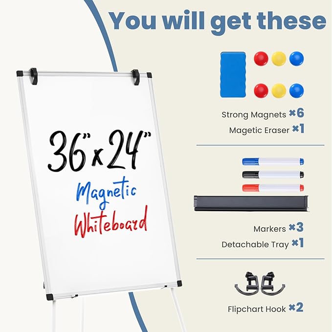 NEWBULIG Magnetic Dry Erase Board 36" x 24", White Board with Adjustable Stand, Heavy-Duty Aluminum Frame & Accessory Tray for Office, Classroom, Home & Presentations, White
