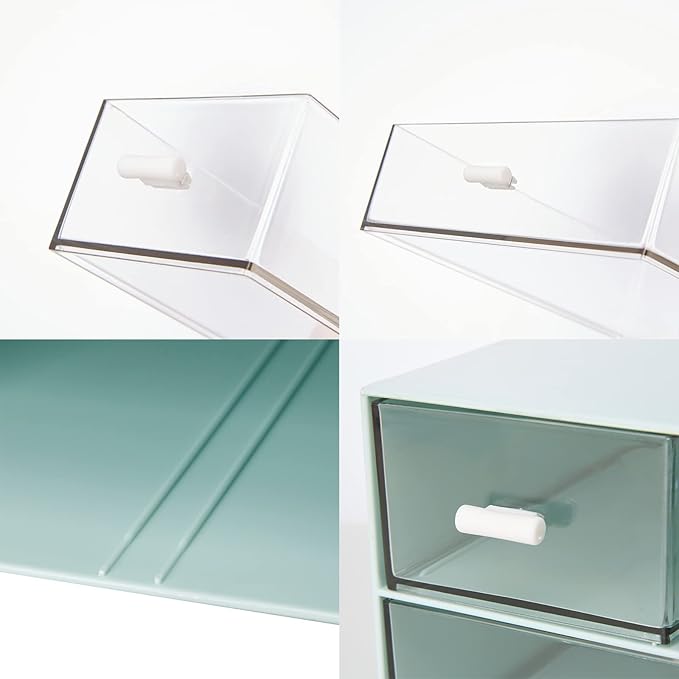 Desk Organizer with 4 Drawers, Clear Plastic Desk Storage Box, Desktop Organization for Office Supplies, Gel Pens, Pencils, Markers, Tape, Erasers, Paperclips, Chargers (Blue)