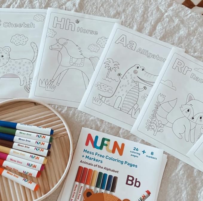 NuFun Activities Mess Free Coloring Set - Animals of The Alphabet, Kids Create No Mess Wonders with Special Coloring Paper, Gift for Toddlers and Kids, 26 Preprinted Pages and 8 Markers