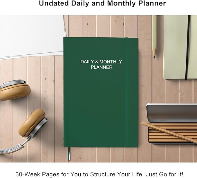 Daily & Monthly Planner for 2026 or Anytime - ADHD Planner Two Pages Per Day, Daily Planner Undated to Increase Focus, Eliminate Overwhelm, Achieve Your Biggest Goals, 5.8'' × 8.3'', Green