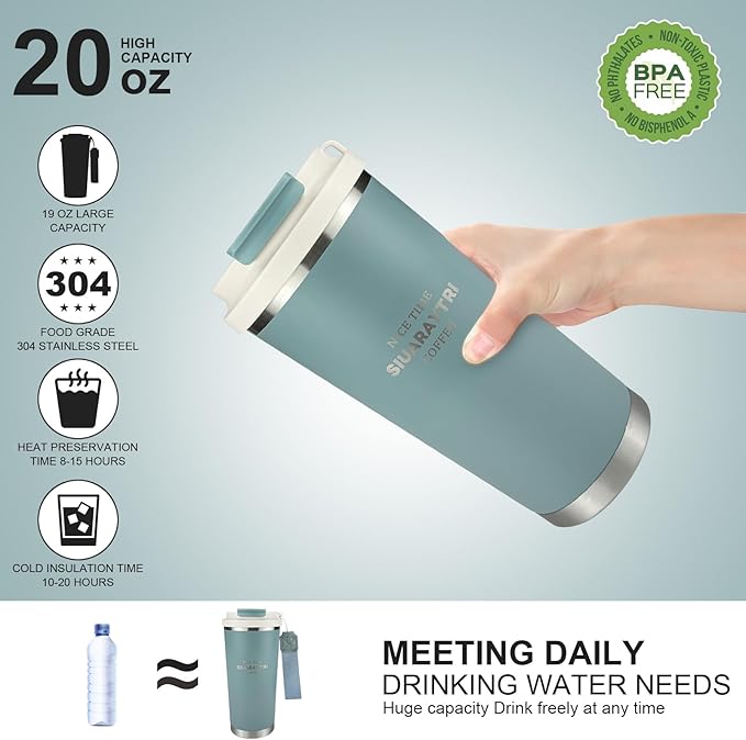 20oz Tumbler Stainless Steel Vacuum Insulated Coffee Travel Mug Reusable Iced Coffee Cup Hot Coffee Travel Mug with lid and straw Cupholder Friendly Leak-Proof BPA Free (Blue)