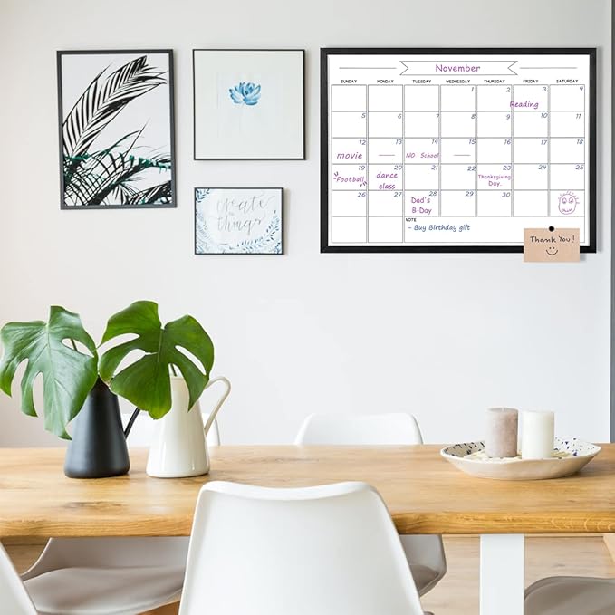 Dry Erase Monthly Calendar Whiteboard, Magnetic Whiteboard for Wall, Solid Pine Wood Black Framed Message BoardHanging Board for Office, Home School, 17.7"x 23.6"(YL-BK-4560-B)