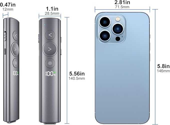 Rechargeable Presentation Clicker with Red Laser Pointer for PowerPoint, Power Display Wireless Presenter Remote with USB-A & USB-C Dongle, Slide Advancer for Mac, Windows, Laptop, Classroom, Office