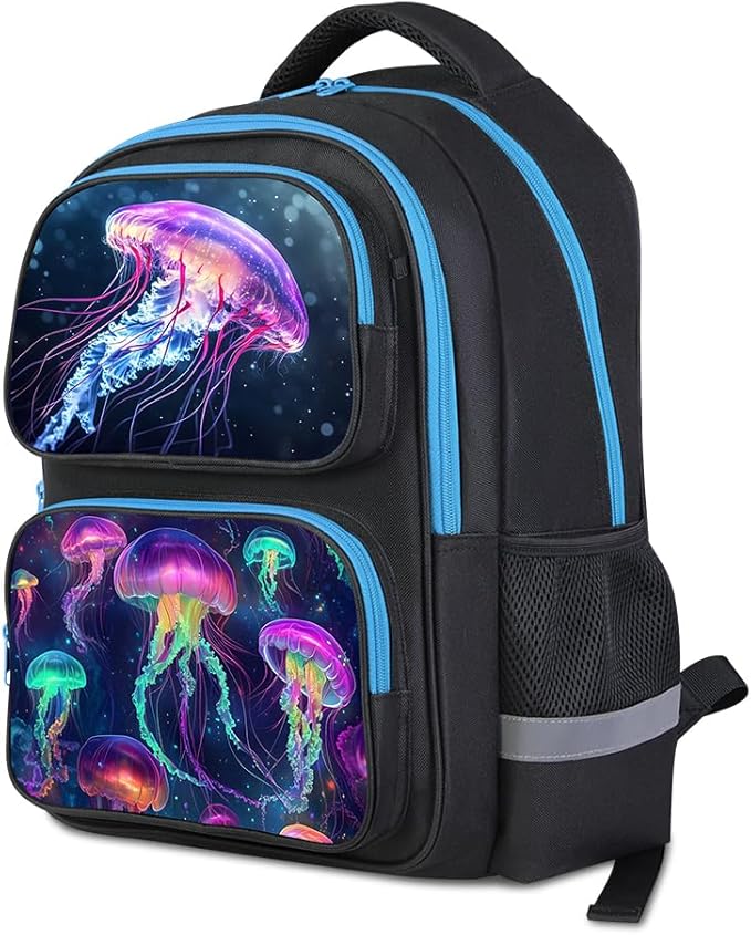 HiMagics School Backpack For Boys Girls Backpack For Kids Toddler Teens Elementary Middle School 17 inch Boys Backpacks Ages 6-18 Travel Book bag with Chest Strap Jellyfish Pattern