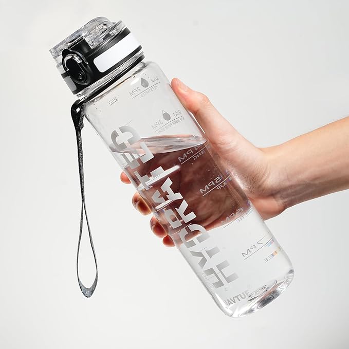 Water Bottle, 32 oz Sports Water Bottles with Time Marker Wide Mouth, Motivational and Leakproof Drink Bottle, BPA Free Tritan with Carry Strap for Gym Fitness Outdoor(1 Bottle)