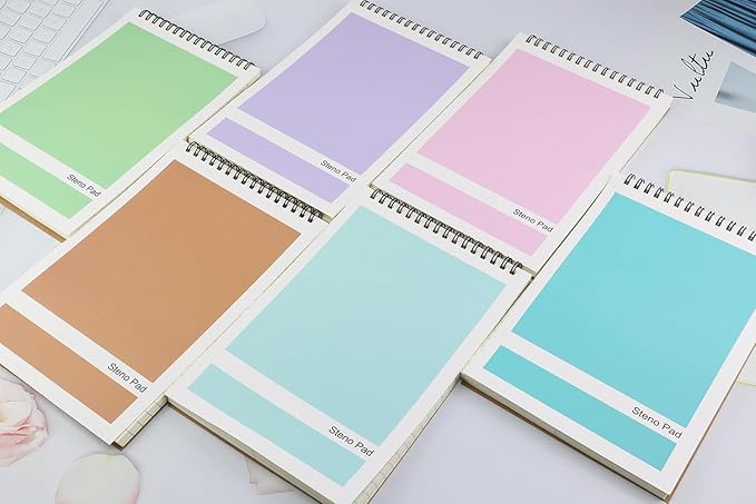 Steno Pad,6 Pack Top Spiral Notepads,6" x 9",80 Sheets, Gregg Rule Steno Notebook for Writing Notes in School, University, College, Office,Home