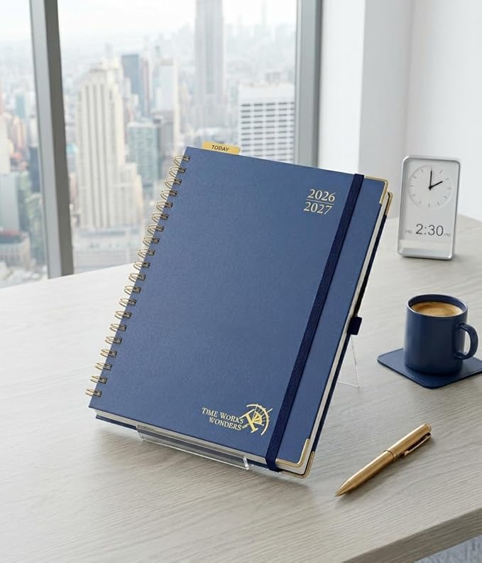 POPRUN 2026-2027 Monthly Planner, 18 Month Calendar (July 2026-Dec 2027), 7.5" x 9.5" B5 Spiral Hardcover Organizer with Dotted Note Pages, Professional Appointment Book for Business Office, Students & Teachers - Navy Blue