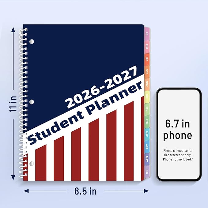 Student Planner 2026-2027, SUNEE Middle or High School Student Planner for Academic Jul. 2026 - Jun. 2027, 8.5"×11" Lesson Plan Book with 3-Hole Punched, Bookmark, Planning Stickers, Academic Color