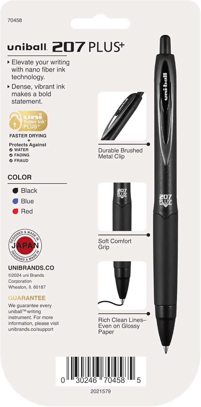 uniball 207 Plus+ Retractable Gel Pens, Medium Point (0.7mm), Assorted, 4 Pack