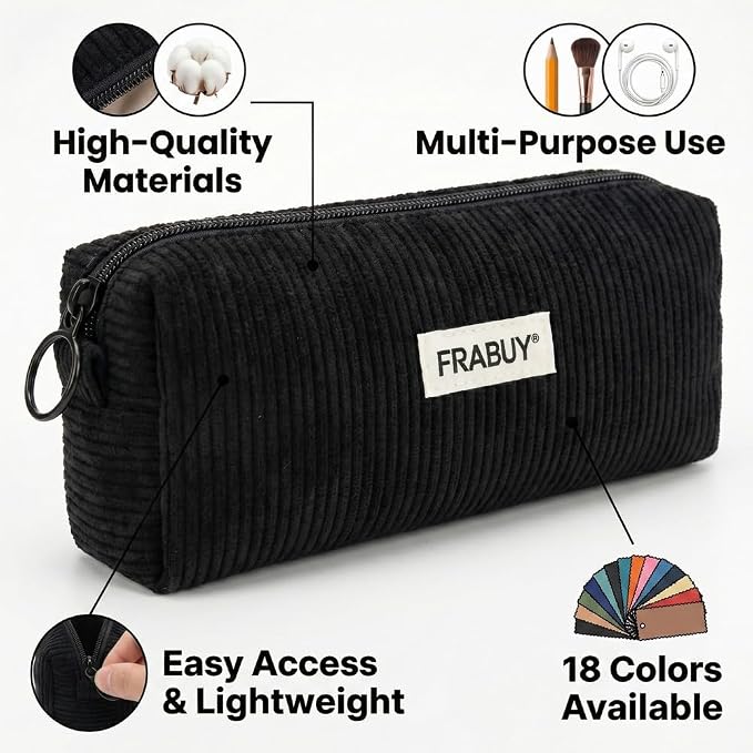 Soft Corduroy Pencil Case Pen Pouch Organizer, Small Stationery Bag | Cute black pencil pouch, smooth zipper, daily cosmetics holder, compact organizer for school teen girls, women