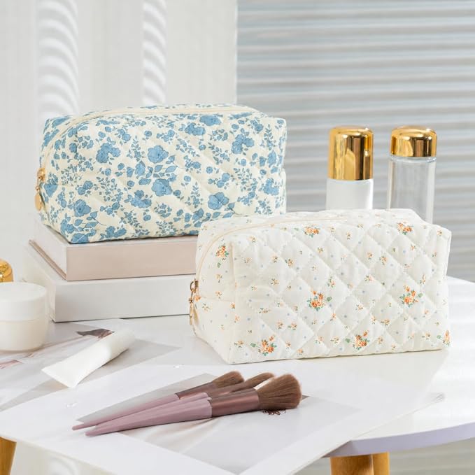 Makeup Bag Travel Toiletry Bag for Women, Small Cosmetic Bags Cute Quilted Cotton Makeup Pouch for Purse Emergency Bag Floral Pencil Case Accessory Bag, Orange Floral