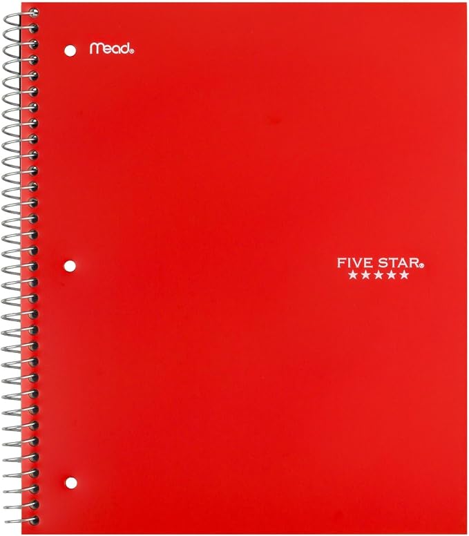 Five Star Spiral Notebook + Study App, 5 Subject, Wide Ruled Paper, Fights Ink Bleed, Water Resistant Cover, 8" x 10-1/2", 200 Sheets, Fire Red (72041) (Pack of 2)