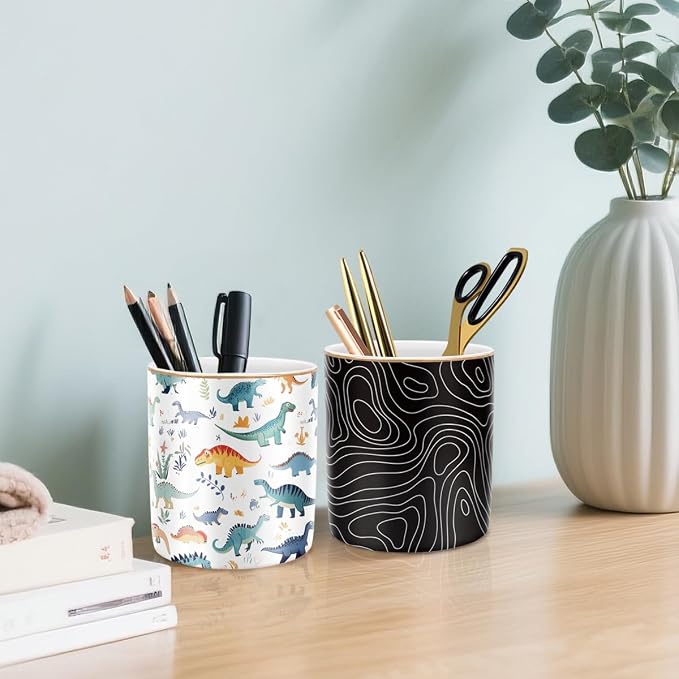 Pen Holder, Pencil Cup for Desk, Cute Makeup Brush Holder, Durable Ceramic Organizer Decor for Room, Office, Classroom, Cute Dinosaur Pattern