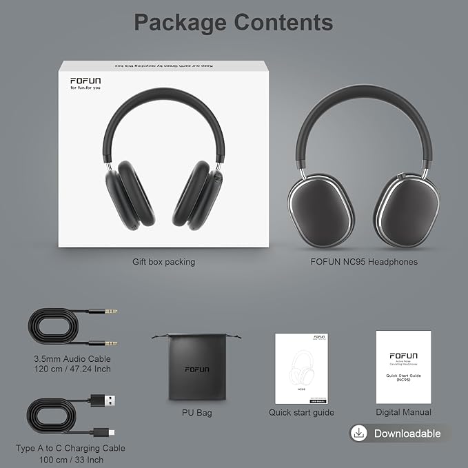 FOFUN NC95 Hybrid Active Noise Cancelling Headphones with Knob Control, 120H Playtime Over Ear Headphones Wireless Bluetooth 6.0, App Control, Hi-Res Audio, Comfort Fit, Clear Calls for Travel/Workout
